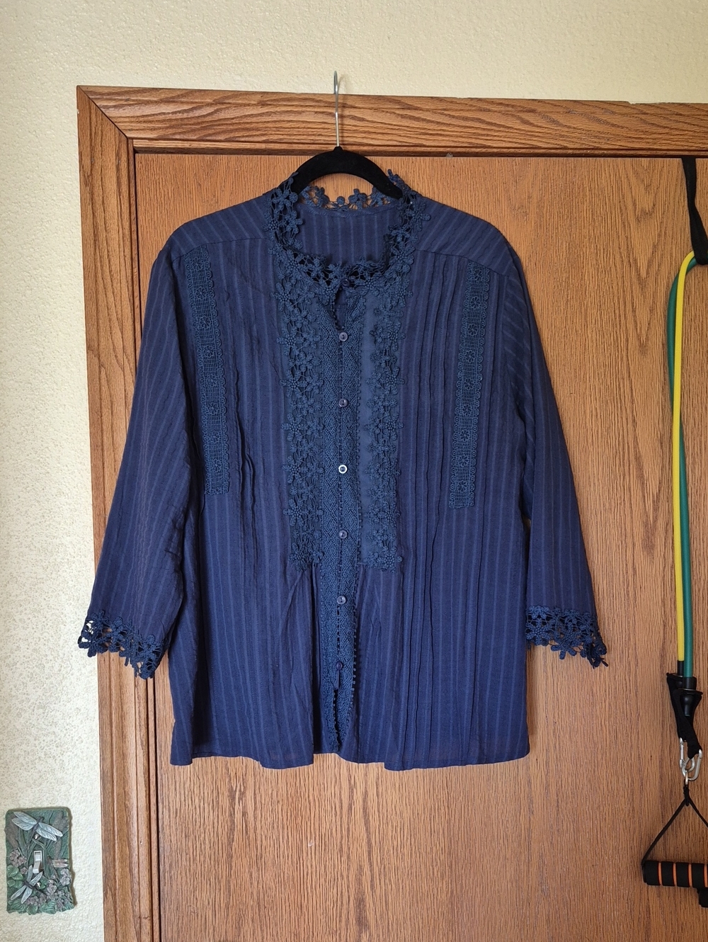 Navy Blue Lace Detail Blouse Sz XL EUC
